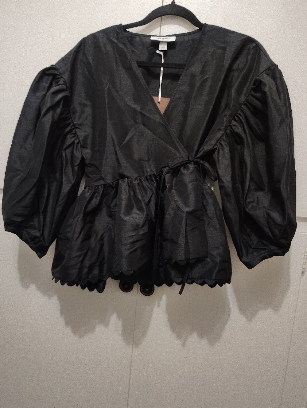 NWT Kika Vargas x Target Scallop Edge Wrap Top Black Puff Sleeve Peplum Size S